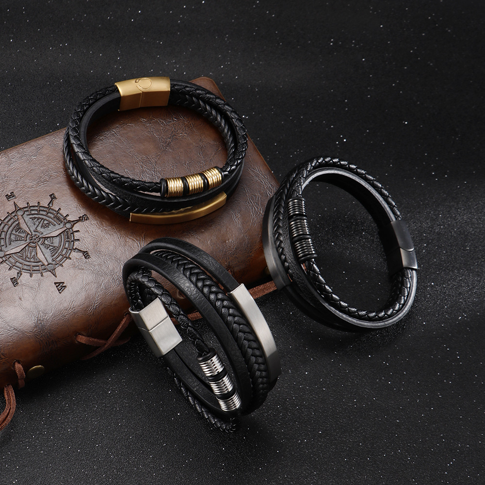 Titanium Steel Braided Men's Bracelet with Magnetic Clasp, Multi-Layer Leather and Stainless Steel Cross - Wholesale