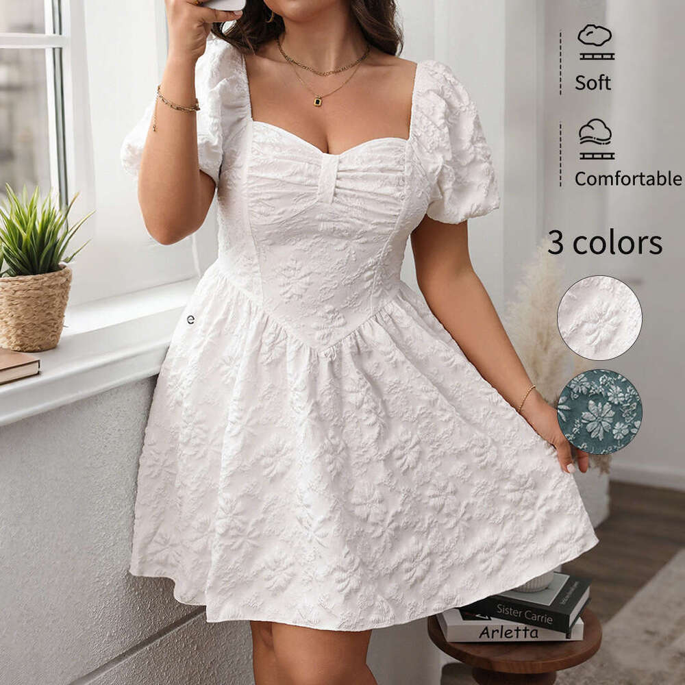 Plus Size Buttock Calf Dresses for Woman Elegant Skirt Partydress Skirt Bodysuit Floral Dress 2025 French Square Collar Dress Slimming and Fluffy Shor