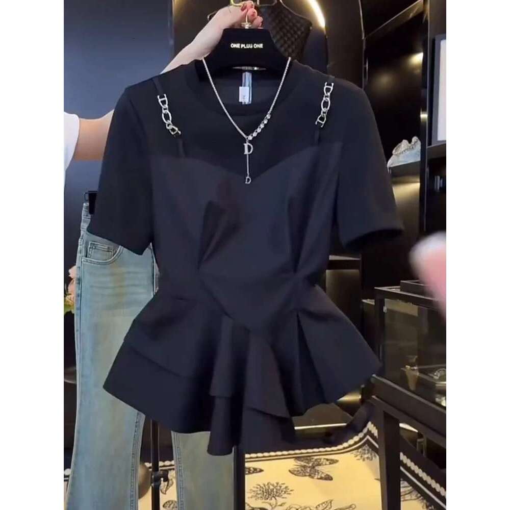 Black blouse female summer new irregular design slim fake two-piece short-sleeved T-shirt ruffled ing
