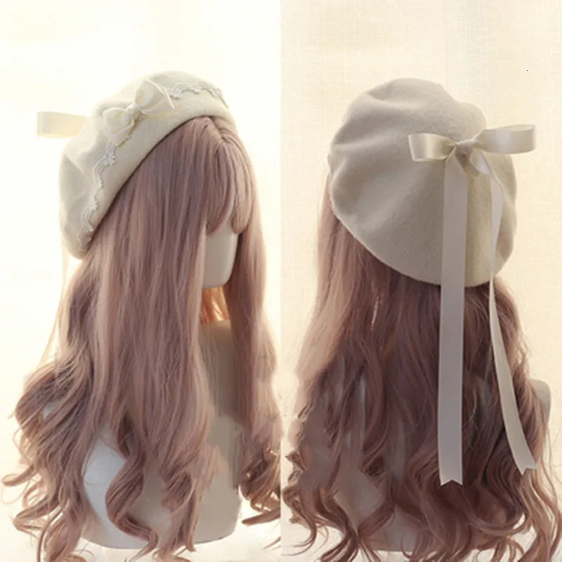 Lolita Girls Cute Bowkont Beanie Women Casual Beret Hat Painter Hat Unisex Artist Cap Dome Pink solid color decorate Wholesale 250514