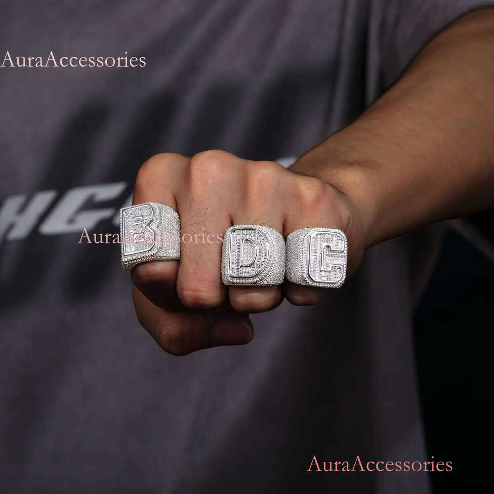D VVS Moissnite Baguette Custom Ring Initials A-Z 26 Letters Rings for Women Men Couple Alphabet Name Iced Out Hip Hop Jewelry