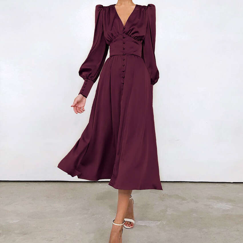 White Dress Maxi Dress 2025 Spring New Satin With Women's Design And Lantern Sleeves, Shrinking Waist To Show Thinning Temperament, Slimming Long