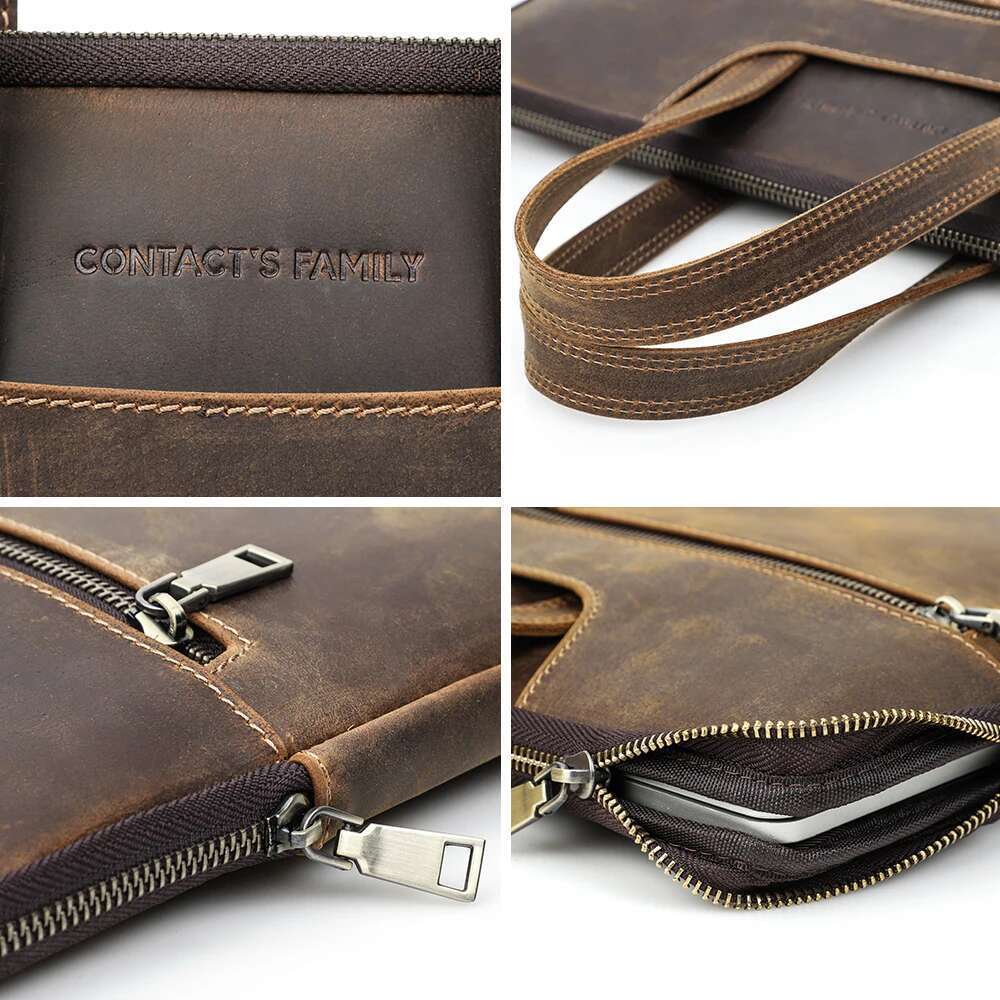 CONTACT'S FAMILY Men Briefcase Genuine Leather Laptop Bag For Air 13 M1 M2 M3 M4 Pro 14 book 15 16 inch Handbag Tote