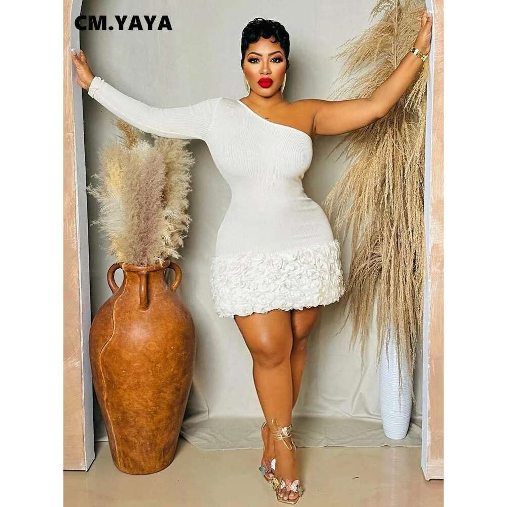 CM.YAYA Women Knit Ribbed Rose Floral Applique One Long Sleeve Bodycon Midi Dress 2024 Club Sexy Party Evening Dresses Vestidos