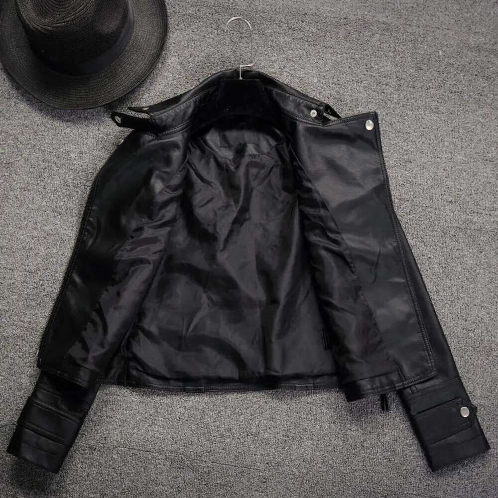 Women Cropped Trench Lapel Collar Leather Jackets Coat With Belt Female Single Button Short Motorcycle Jacket Outwear