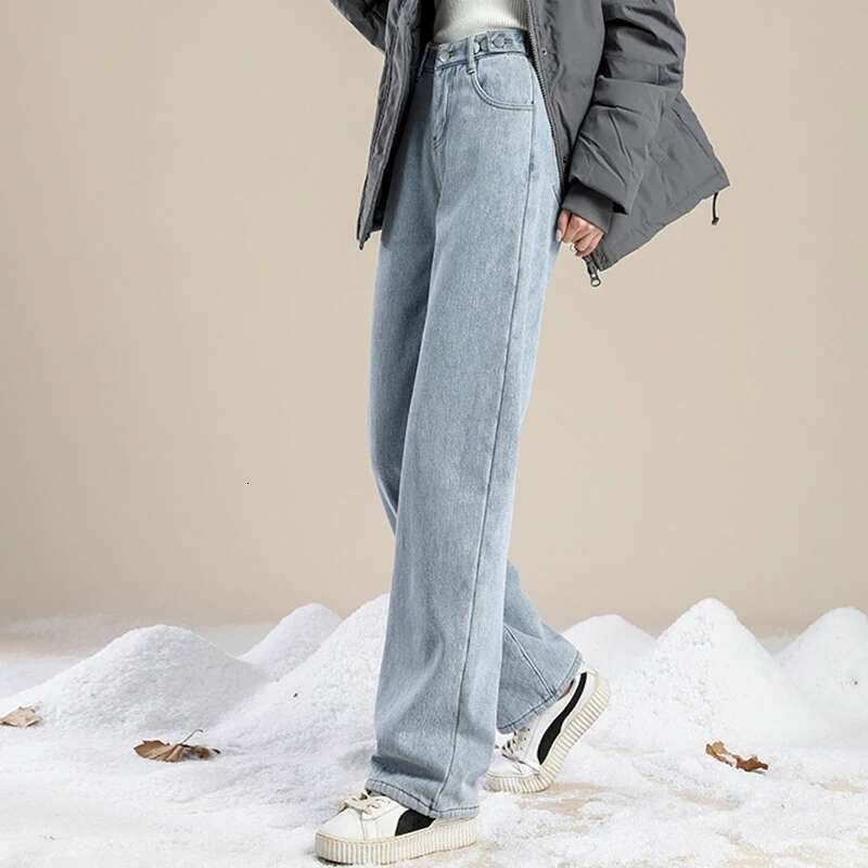 Woman High Waist Streetwear Thicken Jeans Female Fashion Baggy Pants Lady Black Grey Light Blue Punk Thermal Denim Trousers Designer