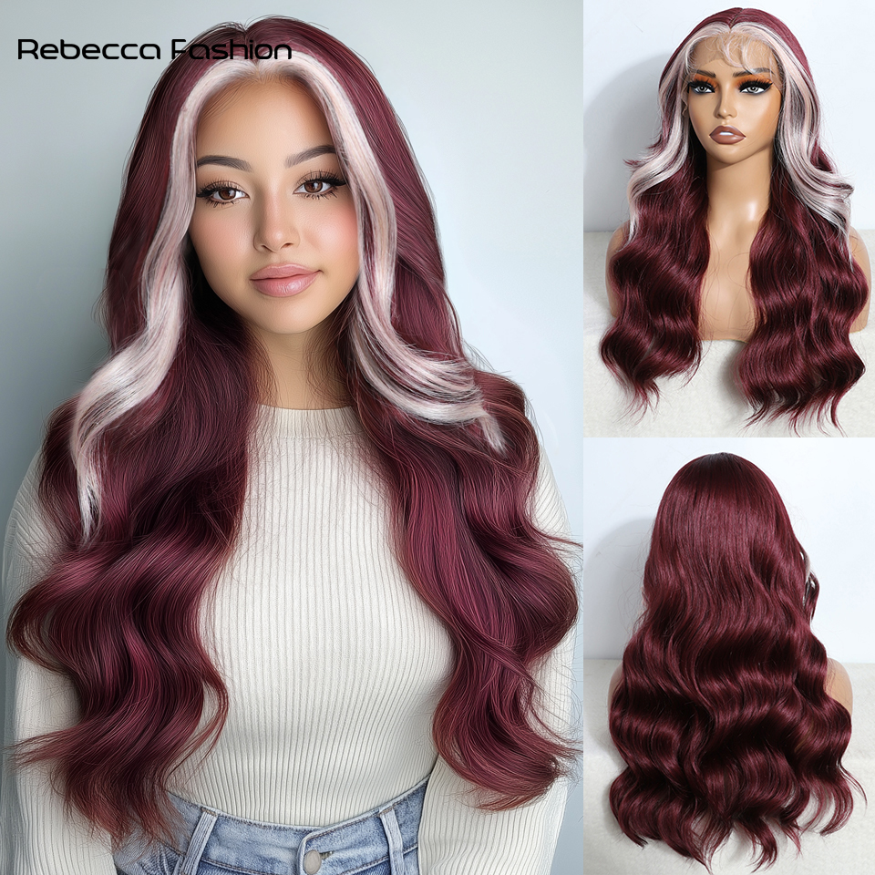 Rebecca Fashion 22 Inch Brown Ombre Blonde Wig for Women Synthetic lace Front Wavy wigs, Easy to Wear, Straight Style for Festival