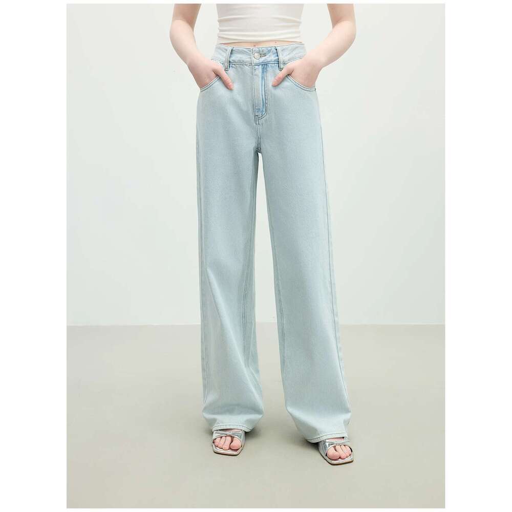 FSLE Washed Distressed High Waist Straight Jeans For Women 2025 Summer New Fit Versatile Casual Slim Chic Pants 25Fs12292 Designer