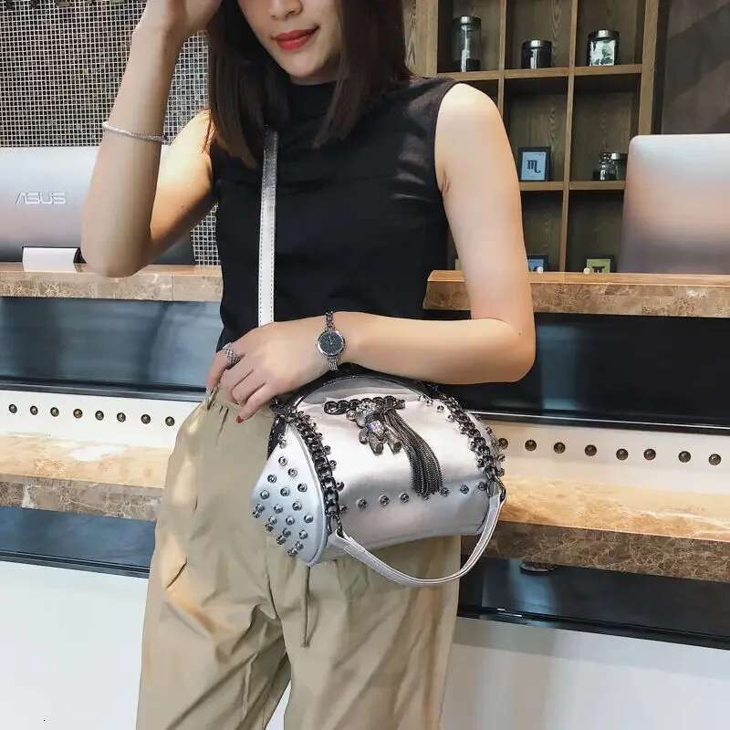 Rivet Metal Fringe Dia Women Shoulder Trend Stylish Chic Cartoon Pendant Crossbody Bag PU Leather Chain Female Handbag
