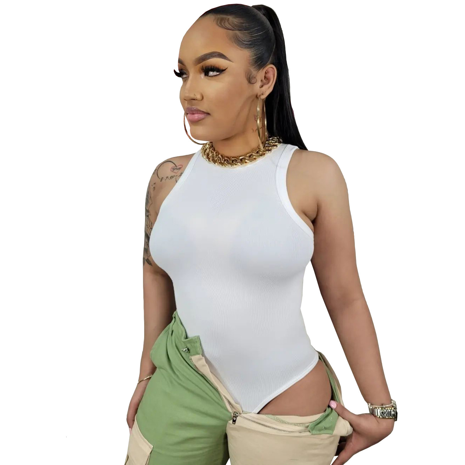 HR23034 Womens Super Bullet Pit Stripe Fashion Piece Solid Color Versatile Tank Top Bodysuit