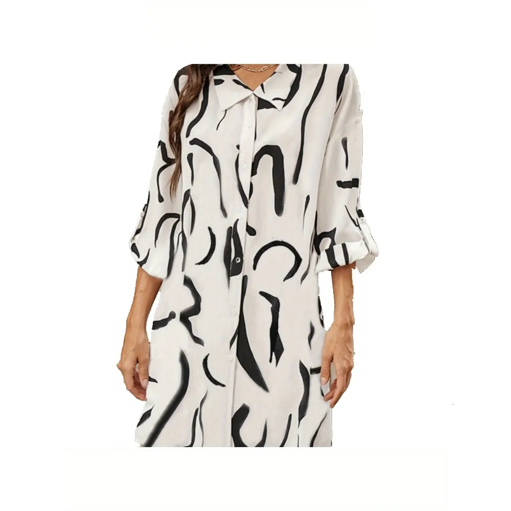Plus Size Womens Fashionable Shirt with Striped Print Long Sleeved Flip Tie Button Casual Commuting 250515