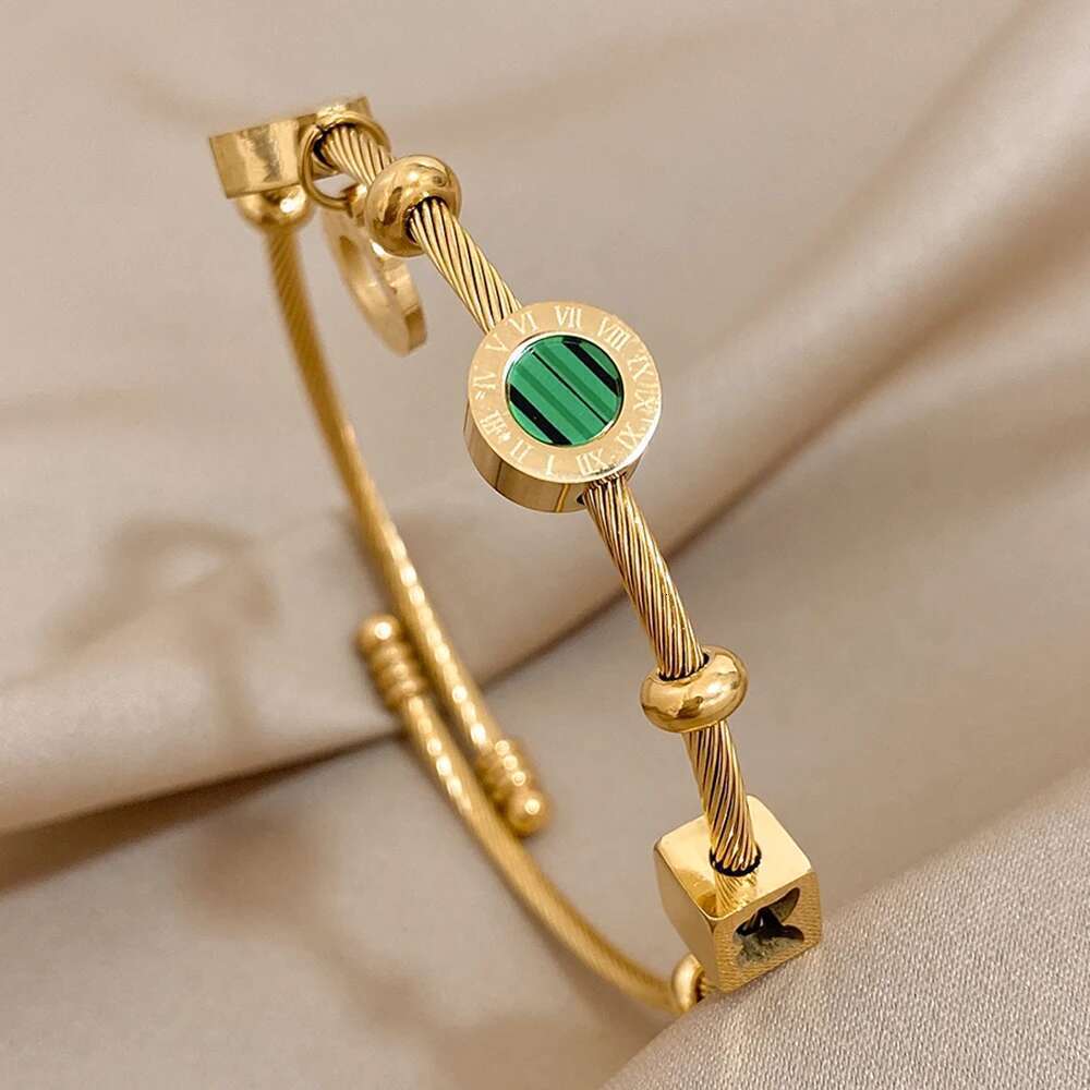 AENSOA 316L Stainless Steel Malachite Roman Letters Charm Bangles Bracelets For Women Gold Color Waterproof Wrist Jewelry Gift