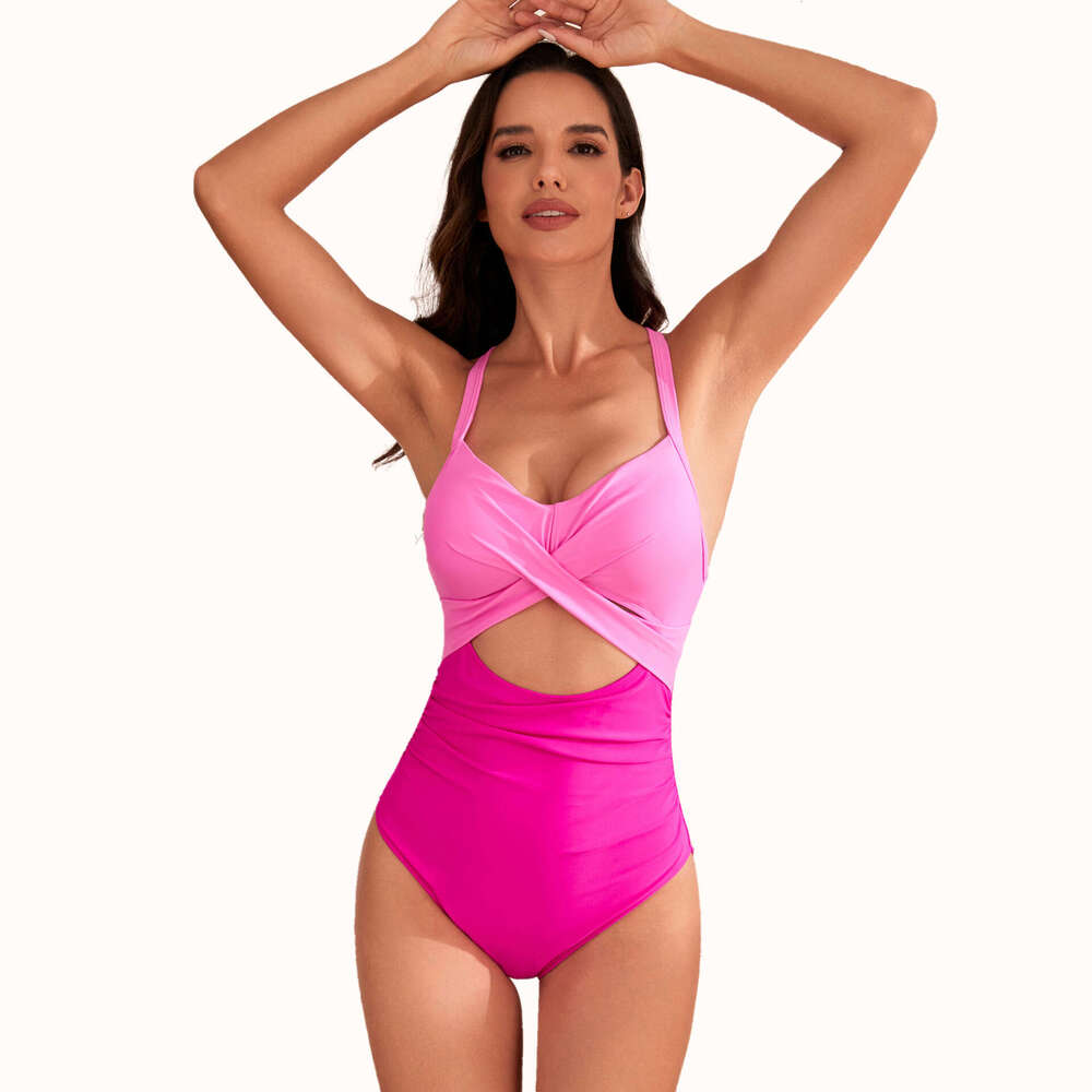 24 popular one-piece hard bag swimsuit with hollow solid color swimsuit, women's high waist manufacturer's new style, chic and elegant cloth
