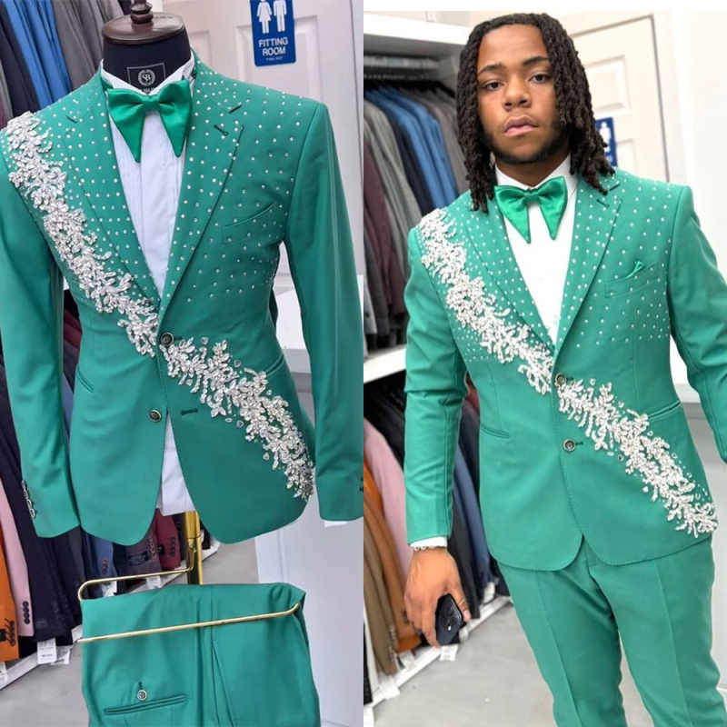 Crystal Beading Men Pants Suits Customized Slim Fit Notched Lapel Wedding Party Sets Male Blazer Homme 2 Pieces