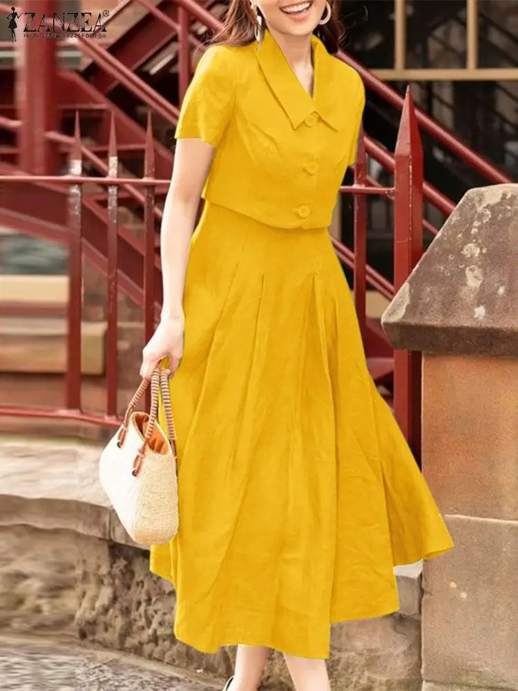 ZANZEA Women Two Piece Sets Summer Matching Office Short Sleeve Outwear And Tank Dress Outfits Casual Solid Suit 250515
