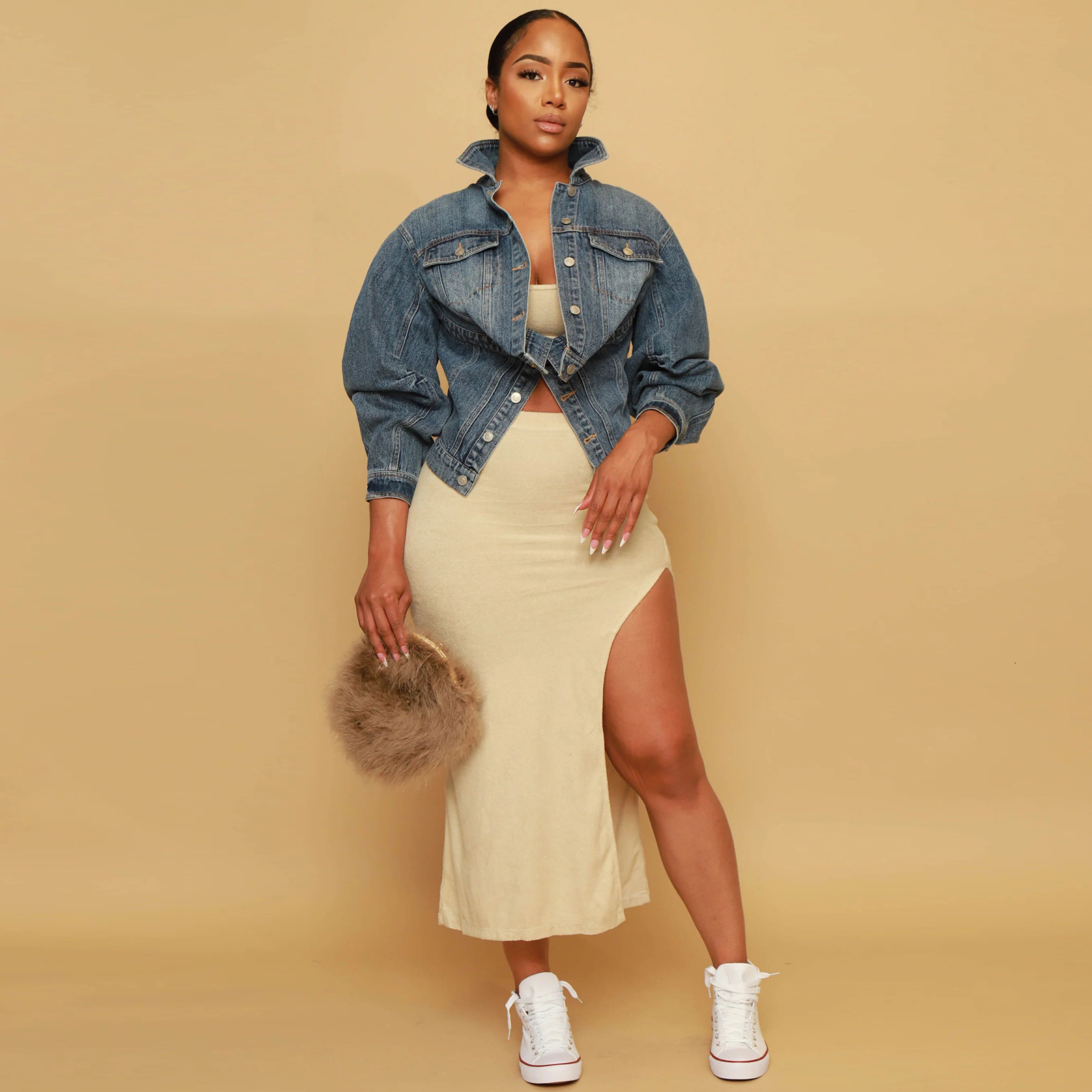 HR23091 Fashion Womens Y2K Style Irregular Two Wear Denim Coat