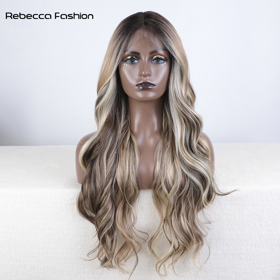 Rebecca Fashion Synthetic Front With Baby Hair Body Wavy Wigs For Women 28 Inch Ombre Brown Higlight Cosplay Lace Wig
