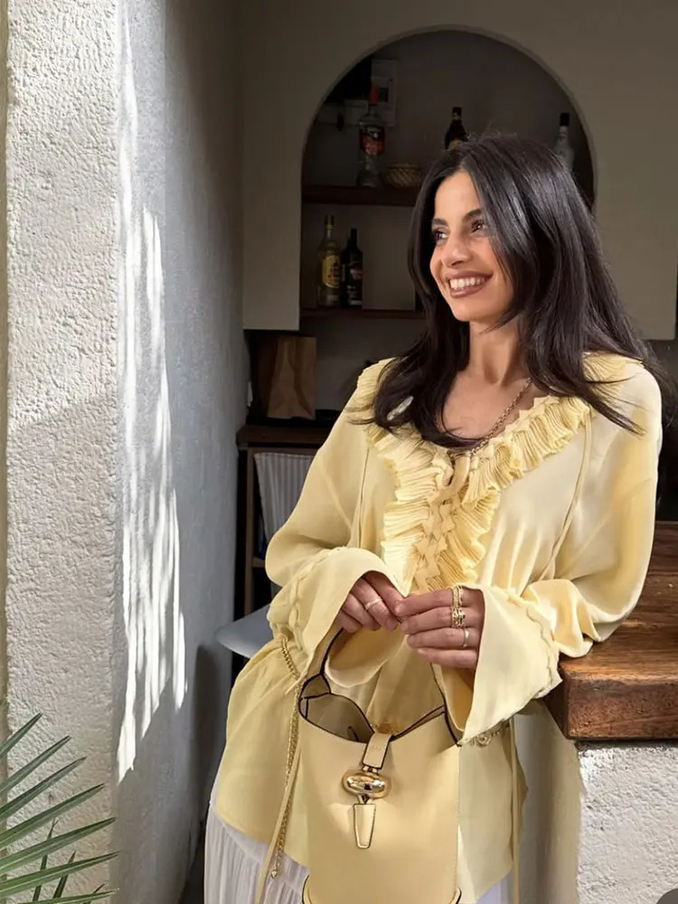 TRAFZA Womens Fashion Ruffles Blouse Elegant Solid Loose Casual Long Sleeve Shirt Woman Summer Y2K Yellow Tops 250515