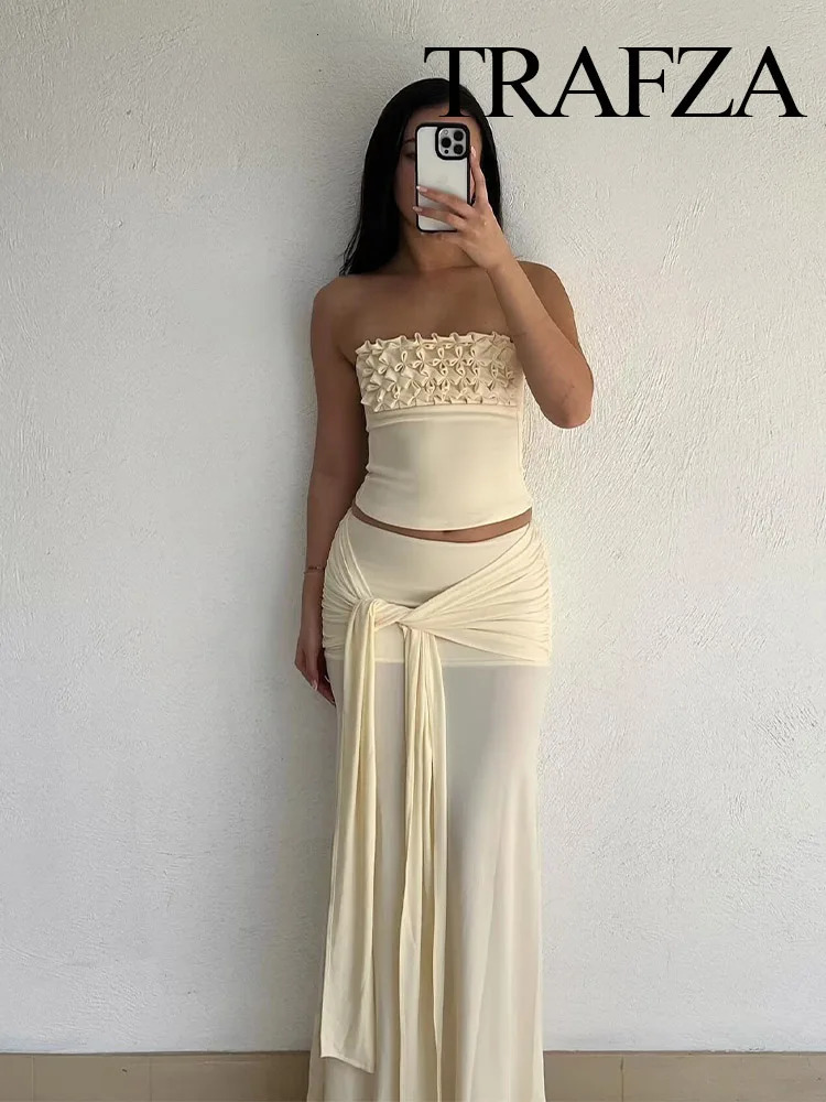 TRAFZA Women Sexy Sleeveless Backless Side Zipper Short TopFashion Solid Wrinkles n Summer Long Skirt 2 Piece Set 250515