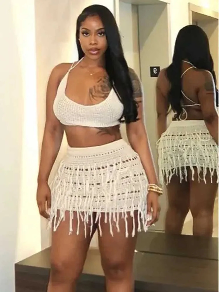 Weird Puss Knit 2 Piece Sets Woman Summer Sexy Backless Bandage Halter CamisoleTassel Skirts Party Skinny Matching Clubwear 250515