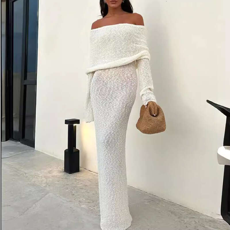 White Dress Maxi Dress 2025 New French Beach Sleeve Knitted One Shoulder Dress Long Skirt For Women KQ