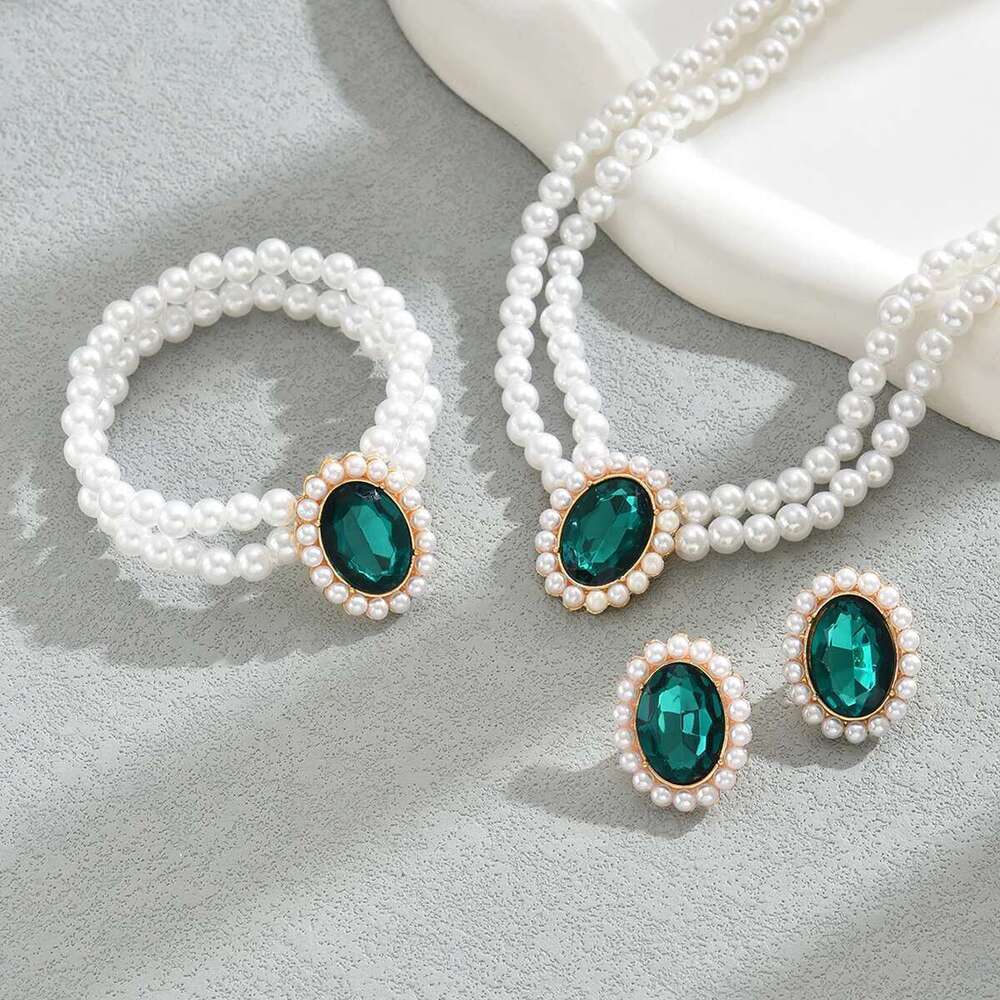 Obega 3 PCS Imitation Jewelry Set Oval Green Crystal Stone Multilayer Pearl Choker Necklace Charm Bracelet Elegant Earring