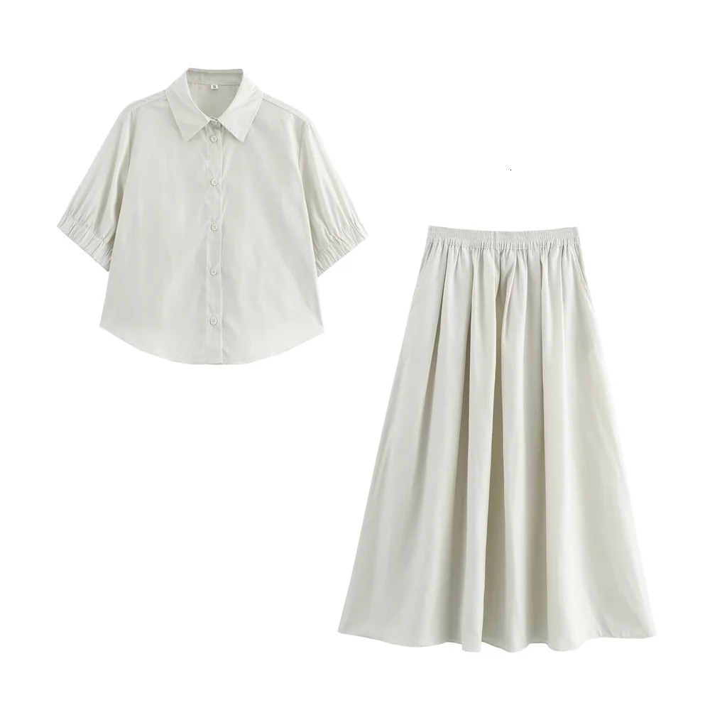 UNIZERA Autumn Product Womens Casual Versatile Collar Short sleeved Shirt High Waist Wide Swing Long Skirt Set 250515