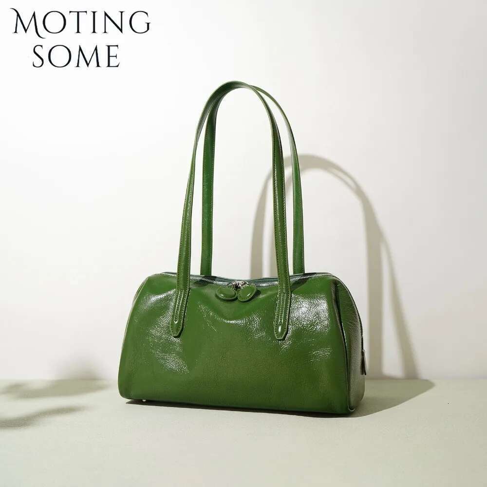 Motingsome Green Bags Retro Women Bag Oil Wax Cowhide Leather Handbag Vintage Boston Pillow Lady Daily Purses 2024
