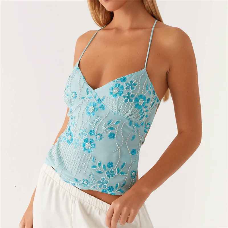 Summer Women Y2k Sequin Halter Crop Tops Pearl Embellished Cami Glitter V Neck Rhinestone Camisole Tank Shirt 250515