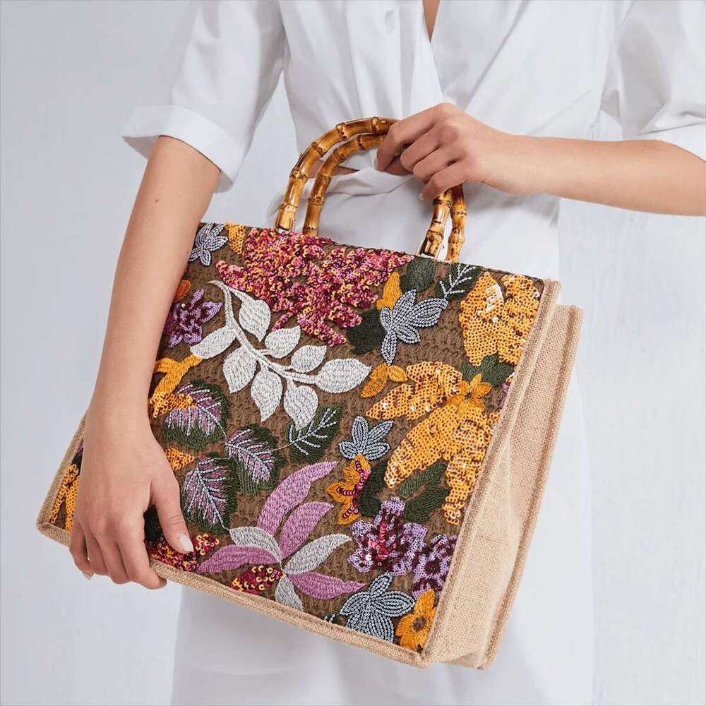 Ladies Gorgeous Wind Bamboo Knot Hand Shiny Random Beads Fower Tote And Casual Beach Bag For Daily Travel, Vacation, Party