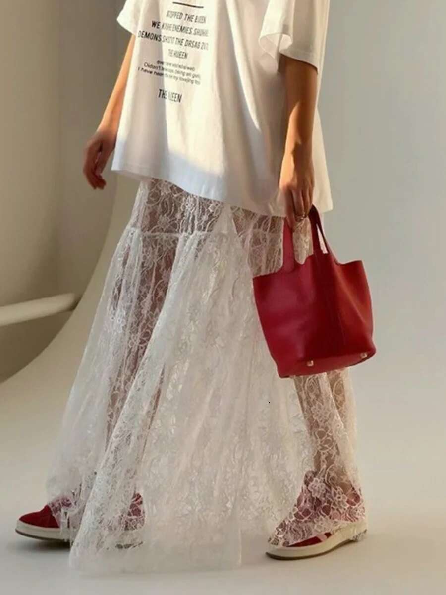Lace Jacquard Transperant Women Summer New High Waist Sexy Casual Long Skirts 2025 Streetwear Fashion White Maxi Skirt