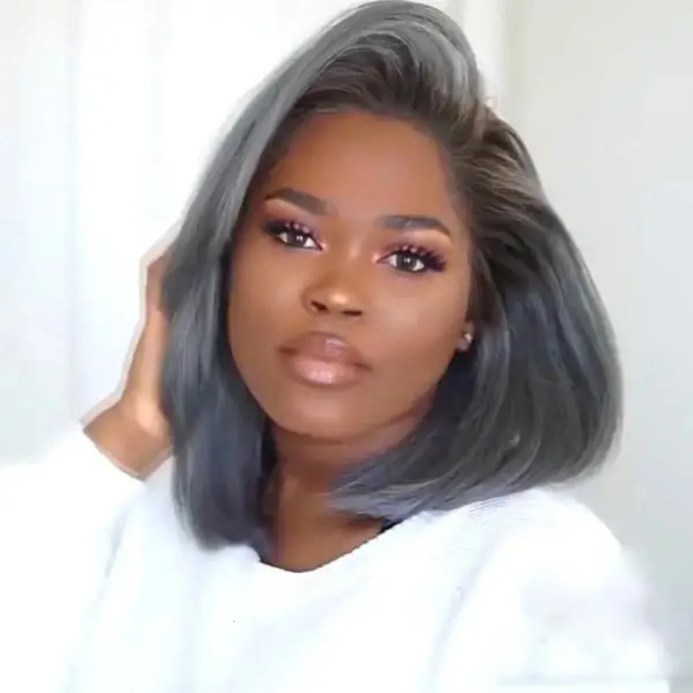 Synthetic Straight Wigs for Black Women Shoulder Length Haircut for Woman Cosplay Mixed Blue Grey Hair Wig Bob Haircut 250512