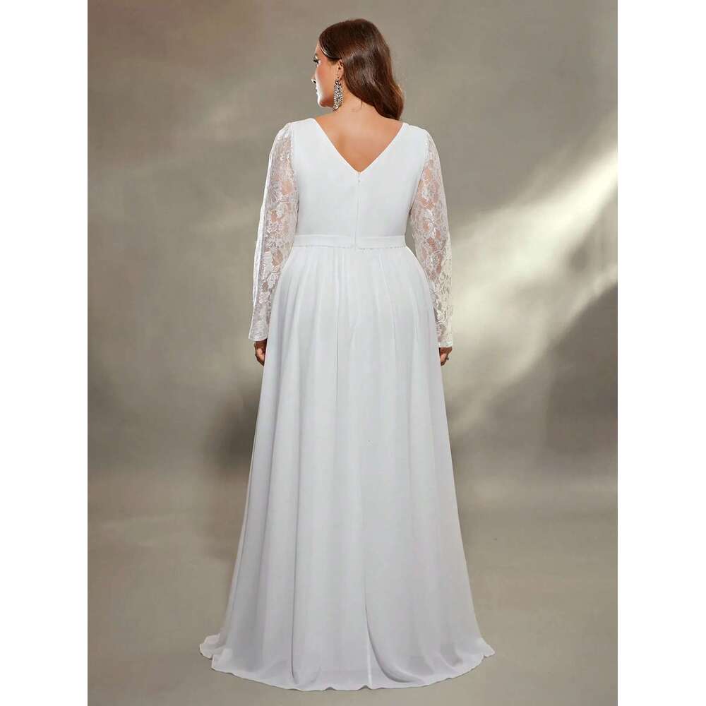 Mgiacy plus size Deep V shoulder lace long sleeve chest pleated chiffon wedding A full skirt Evening gown Ball dress