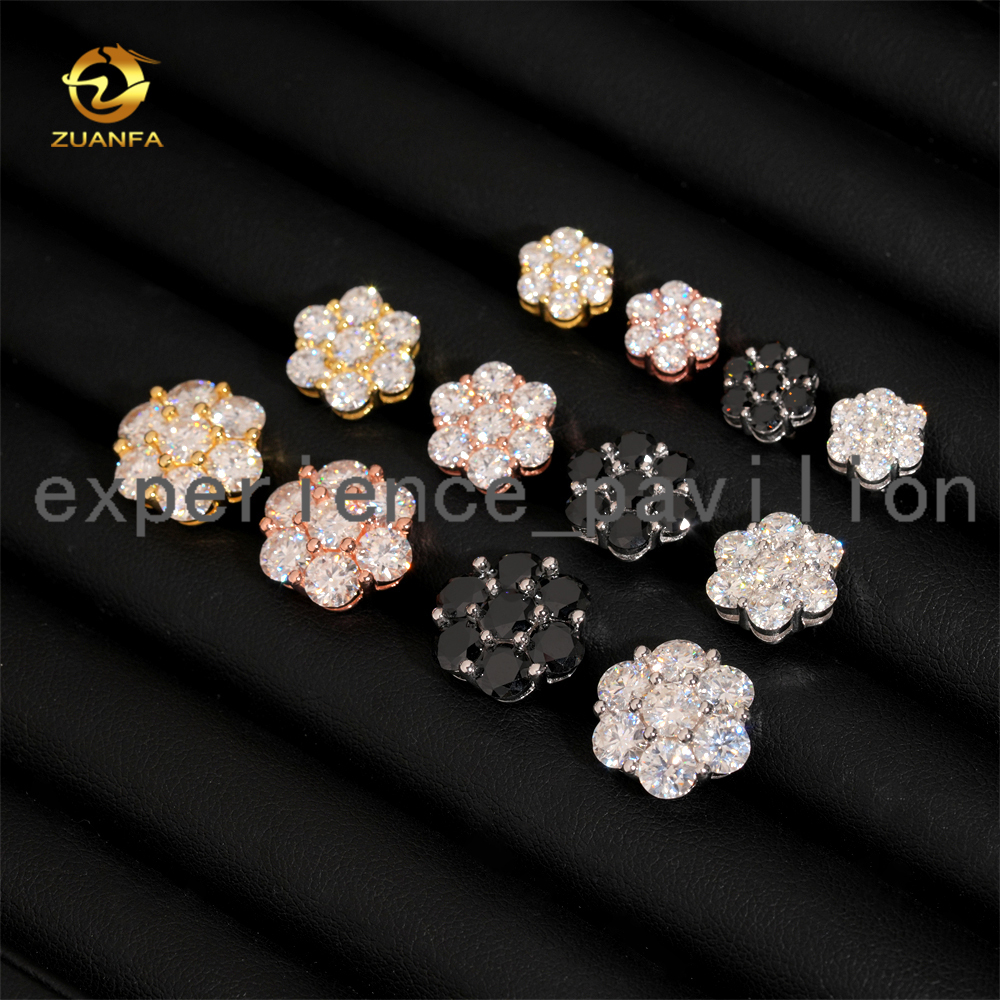 8mm 12mm 15mm Fashion Flower Earring Cluster Moissanite Diamond 925 Sterling Silver Iced Out Moissanite Screw Back Earrings