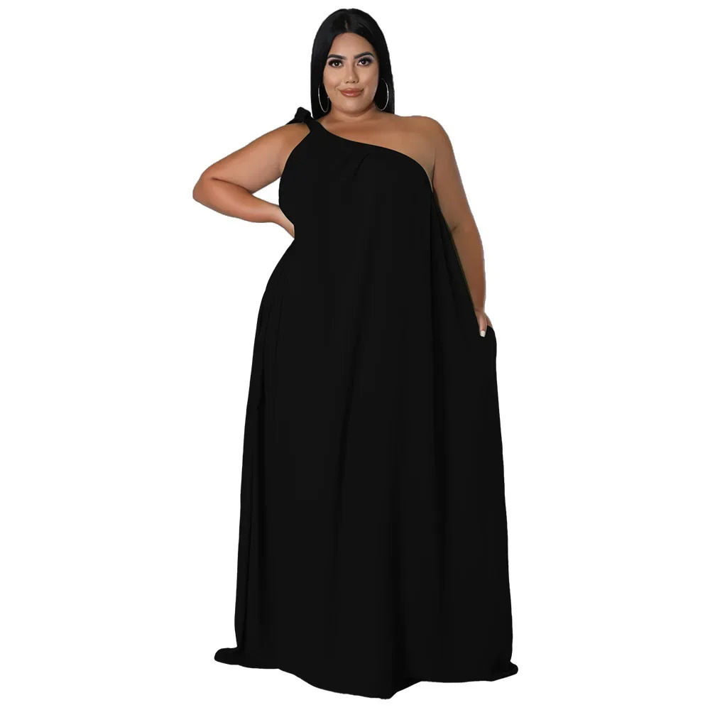 Plus Size Summer Fashion Womens Clothing Strapless Single Shoulder Halter Neck Sexy Open-back Solid Color Long Dress 250515