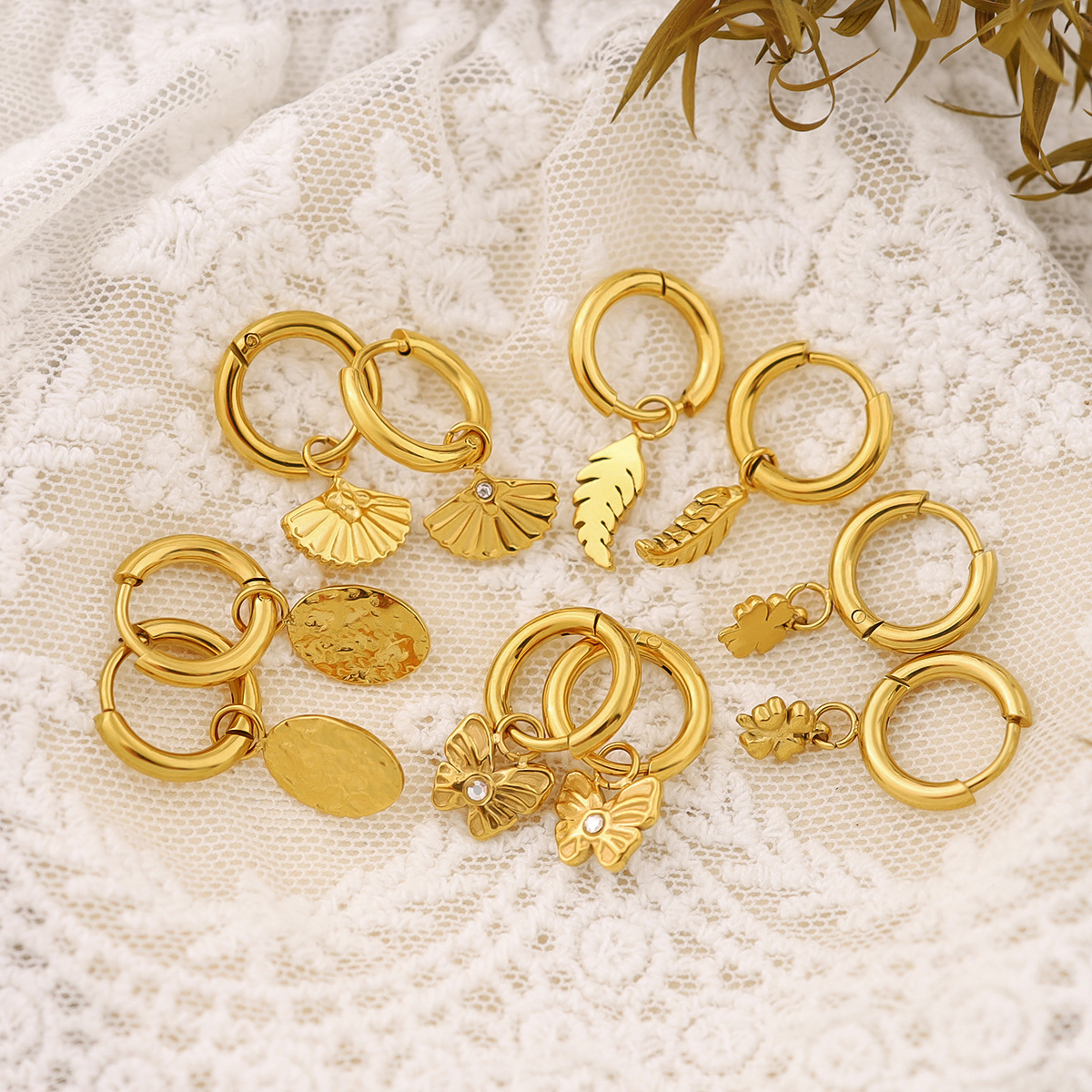 Durable Elegant Ear Piercing Jewels Summertime Ready PVD-Golded Stainless Steel Butterfly + Bloom Charm Studs