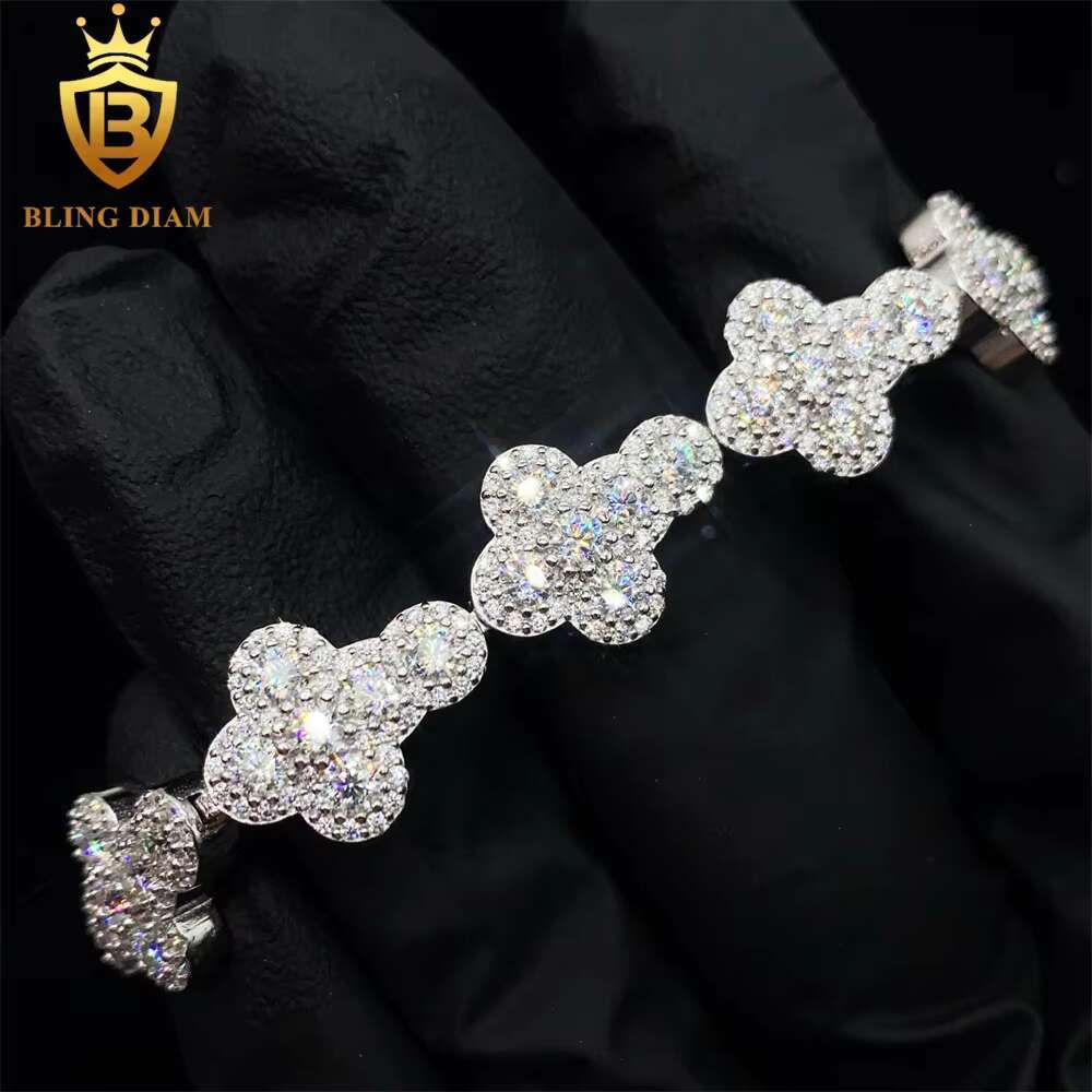 Wholesale Price Jewelry 925 Sterling Silver VVS Moissanite Cuban Link Chain Flower Cross Bracelet 10mm 13mm