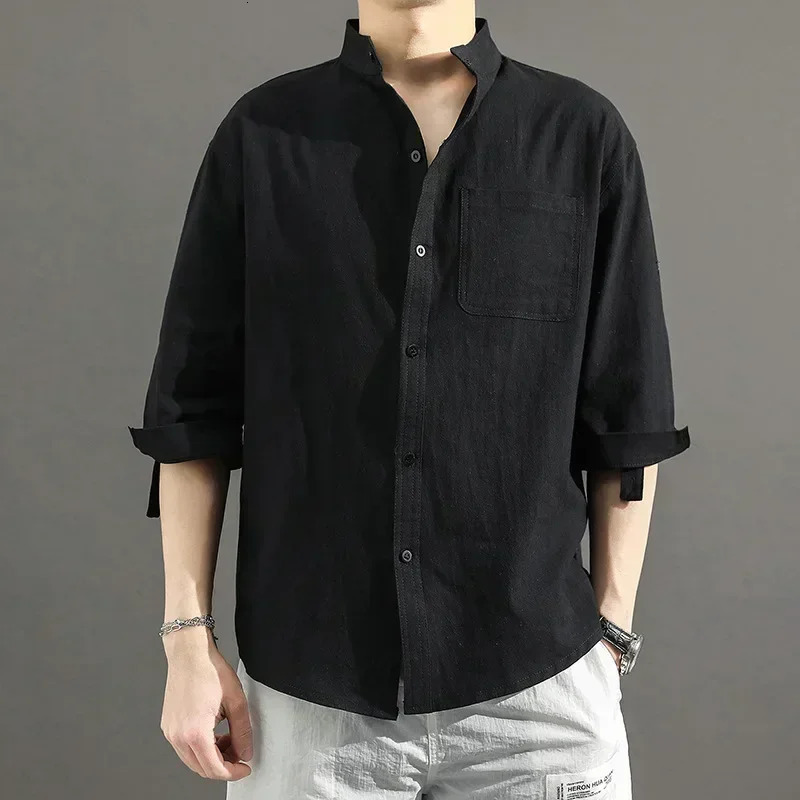 Summer 2024 Japanese casual loose collar cotton linen shirt mens onethird sleeve 250506Z