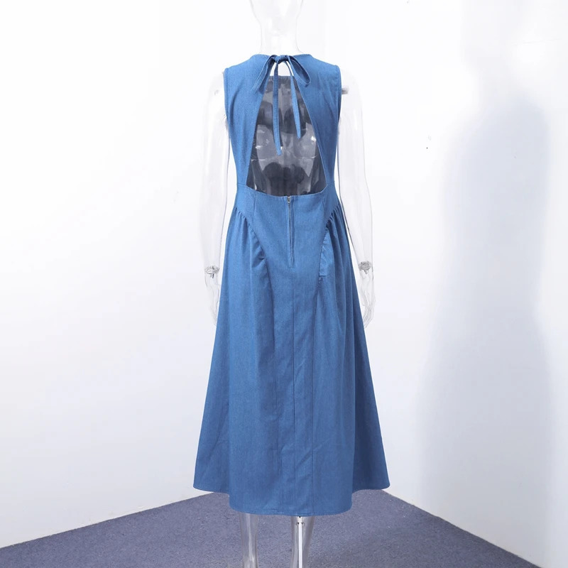 Trendy Womens Summer Denim Dresses Backless Sleeves Long ONeck Dress Female Vintage Washed Blue Casual Daily Beach Streetwear 250515