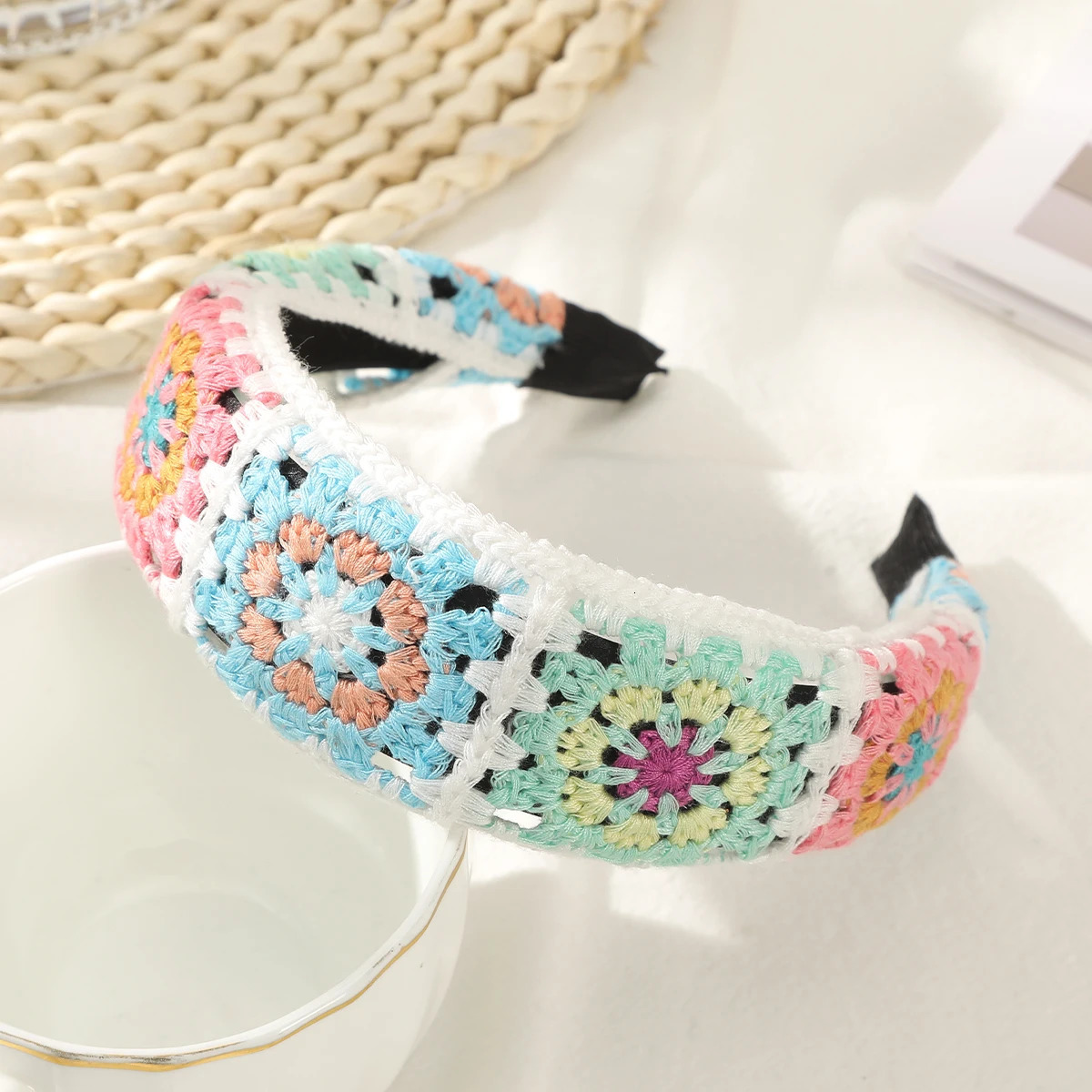 AWAYTR Patchwork Knitted Floral Hair Band Women Plastic Bezel Girls Hair Hoop Thin Edge Headband Hair Accessories Hairband 250509