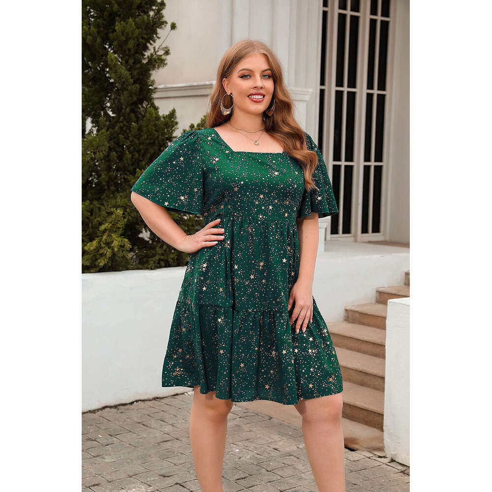 Plus Size Vestido Calf Floral Dress Beach Dress Fulllace Gold Stamping Printing Casual Loose Fitting Cocktail Party Elegant Dress Oversized Womens Clo