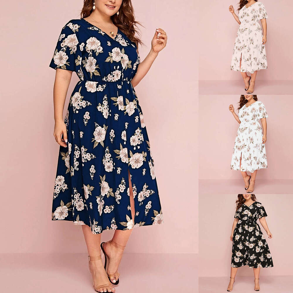 Plus Size Beach Dress Vestidos Fulllace Women Designer Clothing Large Womens Floral Print Short Sleeved Dress with Waistband Loose Slit Medium Length 