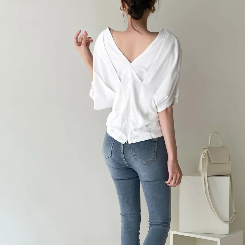 REALEFT Spring Summer Half Sleeve Womens Vneck Blouses Casual Loose Elegant Front Split Shirts Tops Female 250515