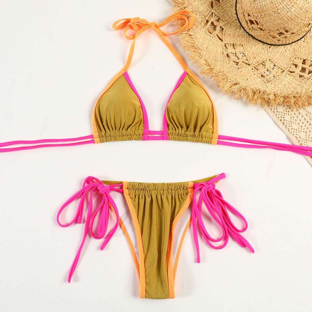 2025 European and American split swimsuit women's popular printed strap backless sexy bikini 22078 new style temperament chic elegant clothing
