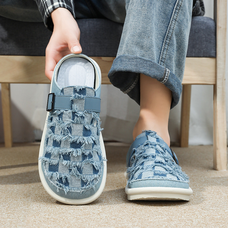 Spring New Baotou Casual Shoes Half Tote Men S One Step Stepping Boken Denim Fashion Casual Shoes Comfortable Slippers Ddmysaturn