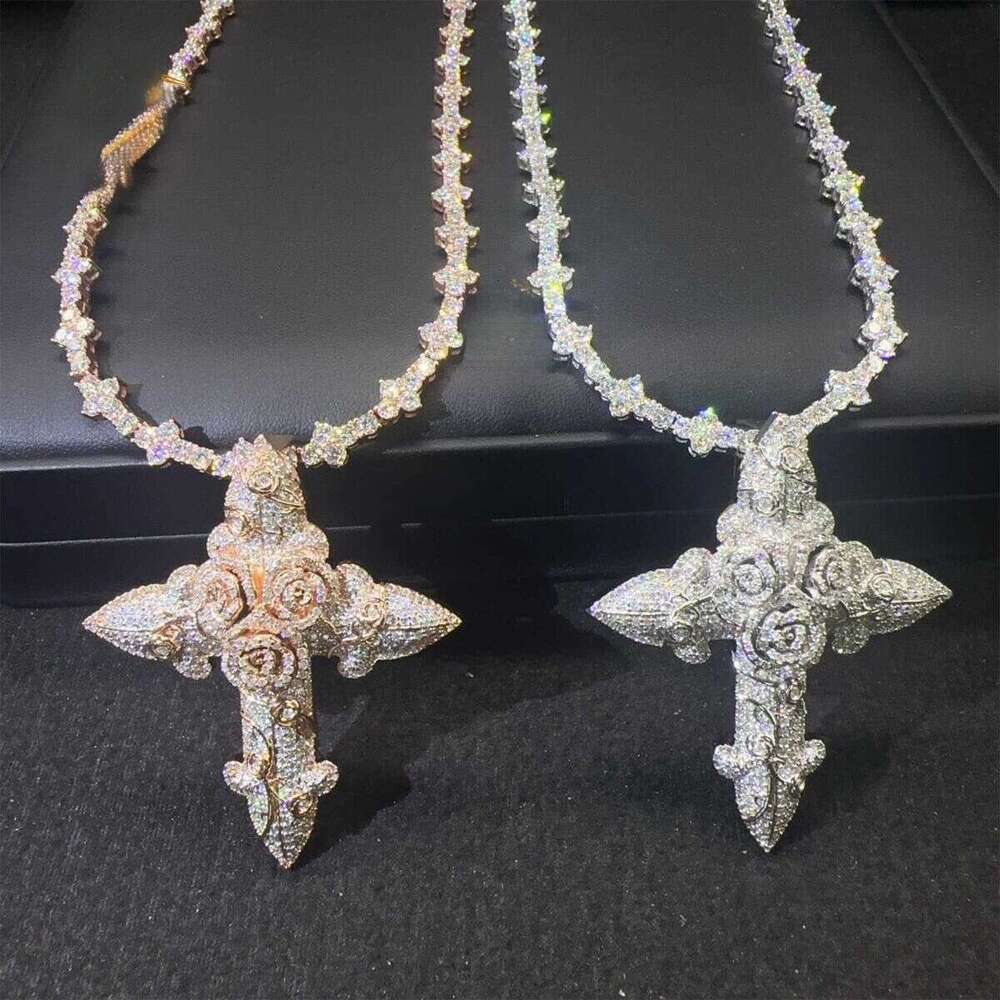 In Stock Fashion Man Jewelry Gold Color Hip Hop S VVS1 Moissanite Dia Rose Flower Cross Pendant Necklace Set