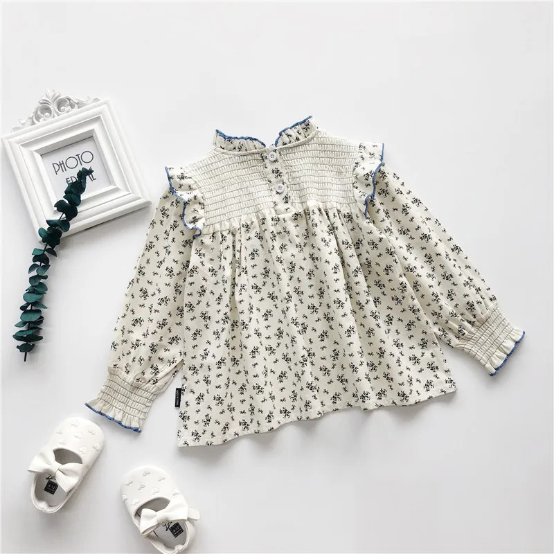 2-8Y Ins Spring Girls Blouses Lace Collar Fragmented Flower Infant Girls T-shirts Long Sleeve Loose Toddler Girls Peter Pan Top 250515