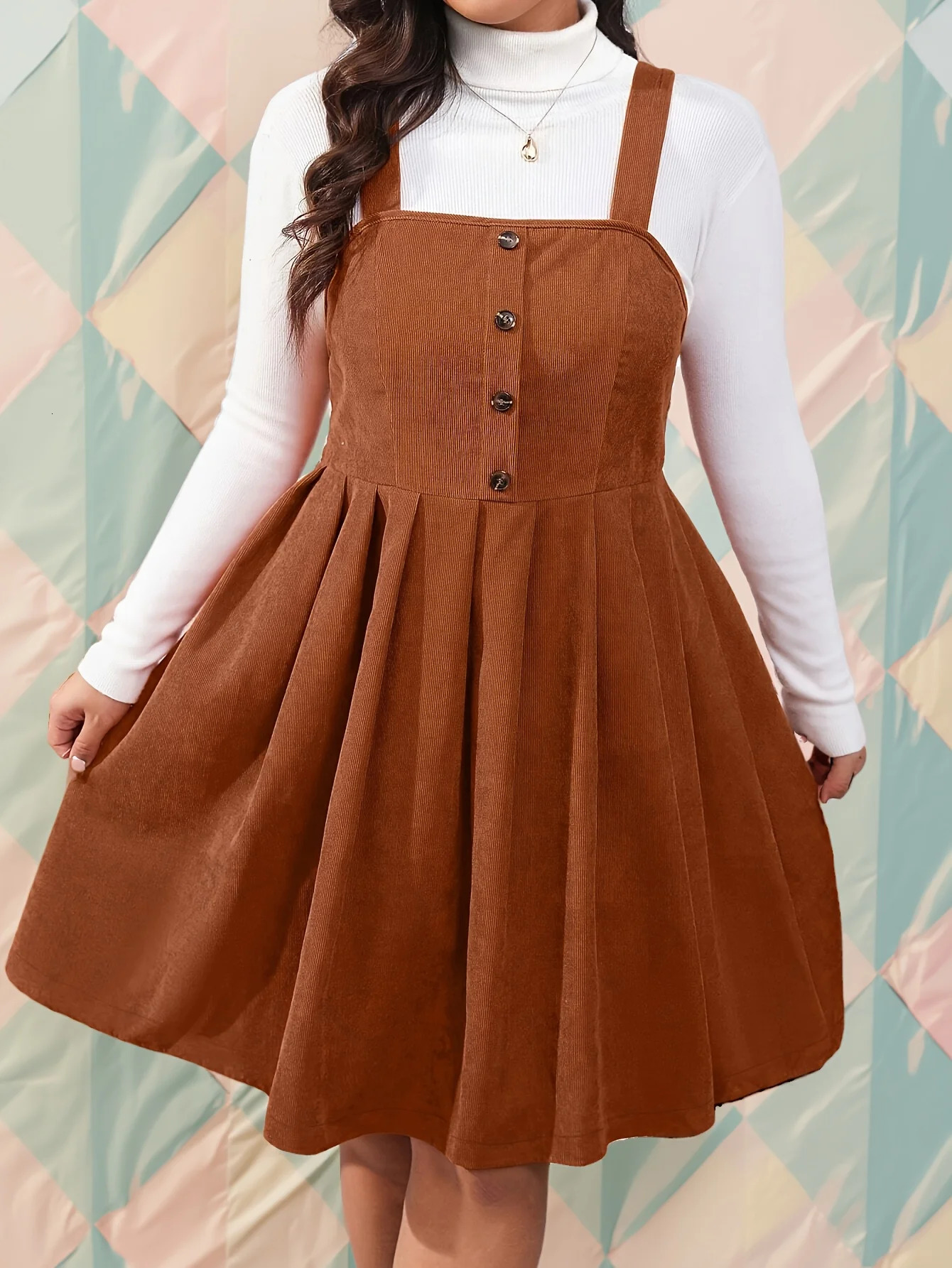 Plus size womens evening dress halter button pleated dress corduroy fabric can be paired with a base layer sweater elegant 250509