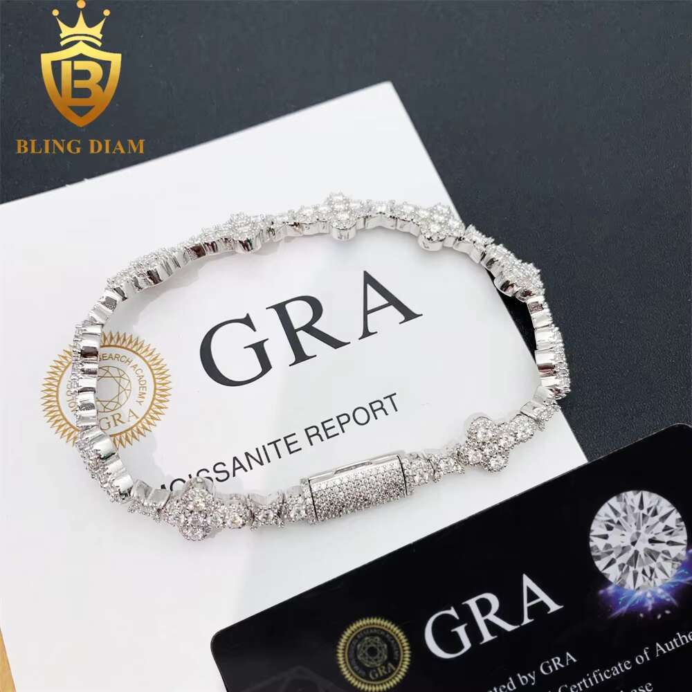 10MM 13MM Hip Hop 925 Sterling Silver Jewelry Moissanite Cuban Chain Flower Cross Iced Out Bracelet