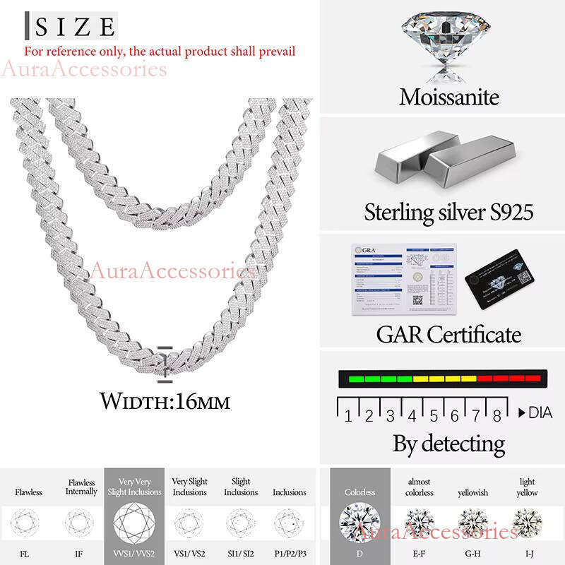 Acceted Custom 16mm Sterling Sier VVS Moissanite Dia Heavy Iced Out Miami Cuban Link Chain Necklace for Men